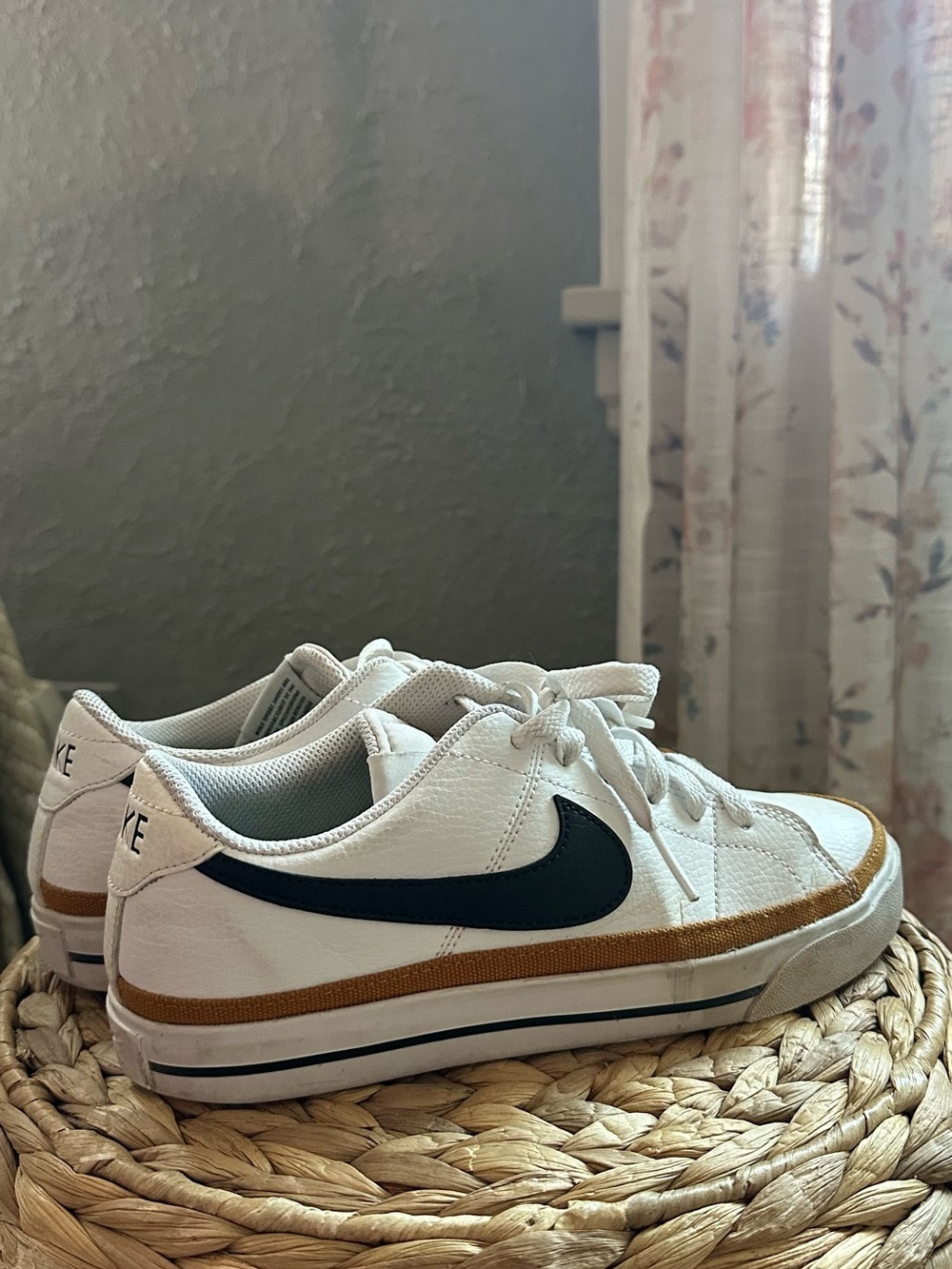 Nike Women’s White Sneakers with Black Swoosh and Brown Trim